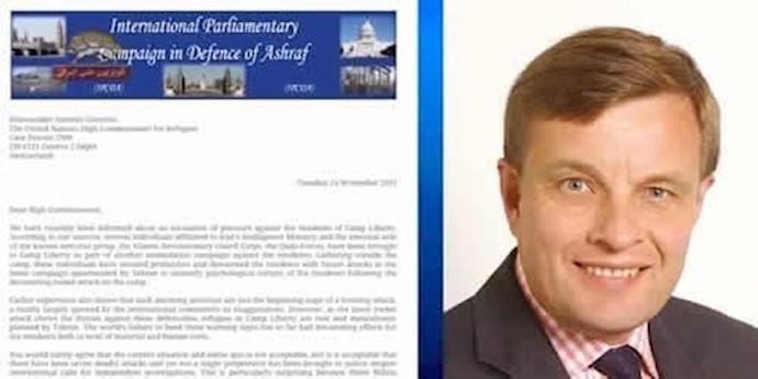 رسالة ديفيد جونز نائب البرلمان البريطاني البارز إلی آنطونيو غوترز لادانة تجمع وکلاء النظام الإيراني في مدخل ليبرتي